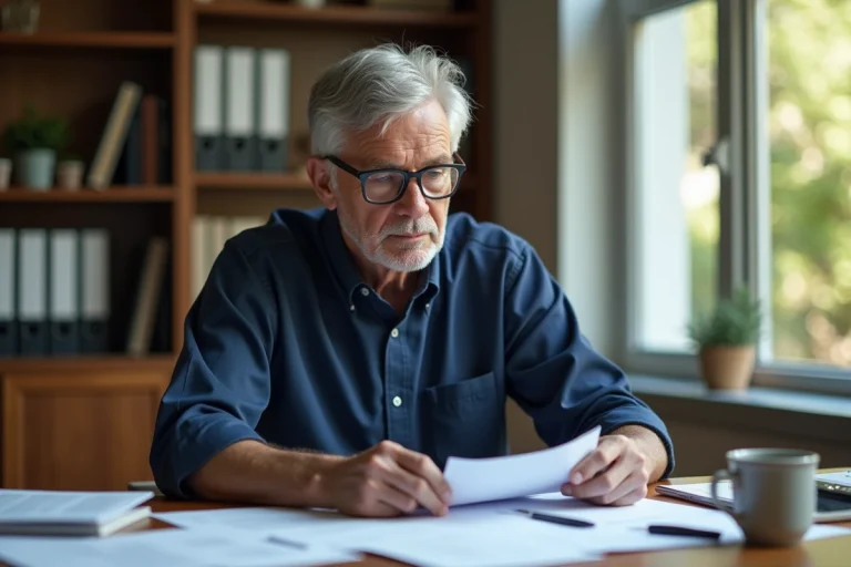 Senior homme en chemise bleue marine consultant des documents administratifs à son bureau en bois, illustrant la dispense de recherche d'emploi pour les seniors