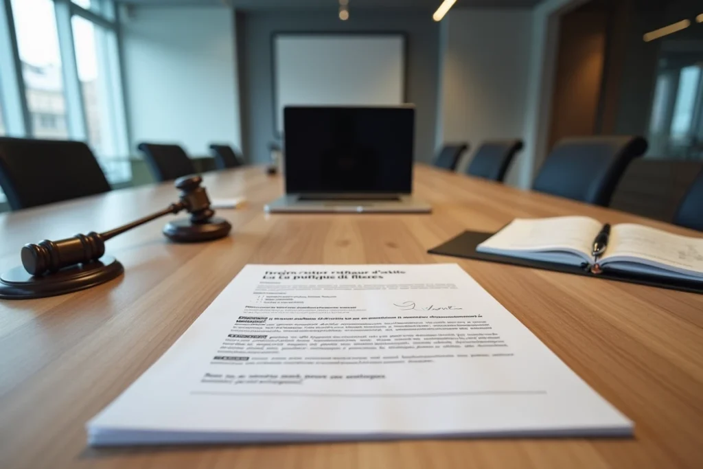Table de réunion avec documents juridiques français sur la légalité du partage de fichiers en ligne et droits d'auteur