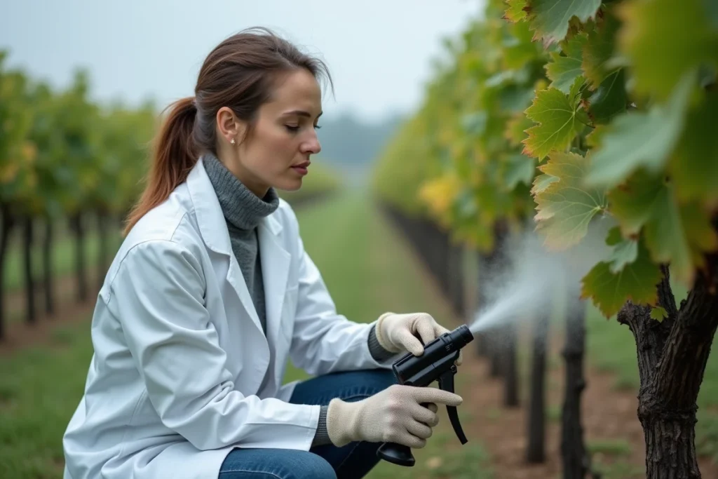 Agronome appliquant un traitement fongicide sur des vignes en plein vignoble