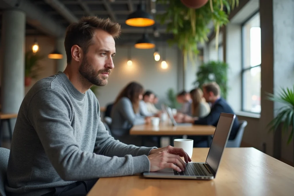 Travailleur indépendant dans un espace de coworking moderne, utilisant un ordinateur portable et un smartphone pour gérer son activité