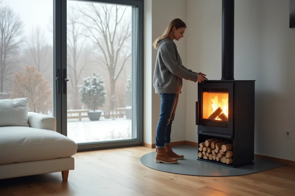 Femme chargeant des granulés de bois dans un poêle à pellets dans un salon moderne en hiver