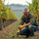 Viticulteur inspectant des feuilles de vigne malades dans un vignoble français en automne
