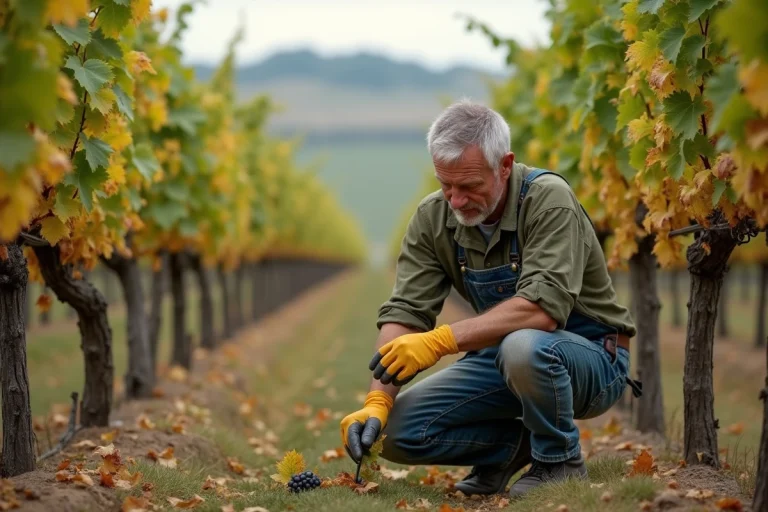 Viticulteur inspectant des feuilles de vigne malades dans un vignoble français en automne