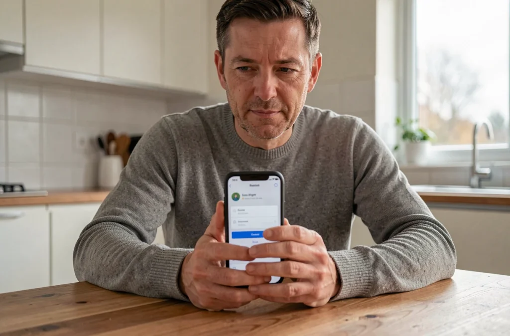 Homme consultant son compte bancaire BNP Paribas depuis une application mobile à domicile