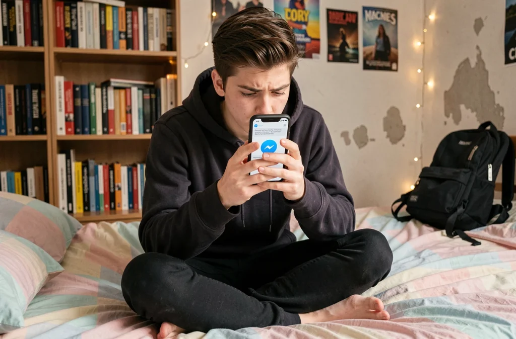 Adolescent assis sur son lit consultant un message en attente sur Messenger avec une icône d'avertissement réseau