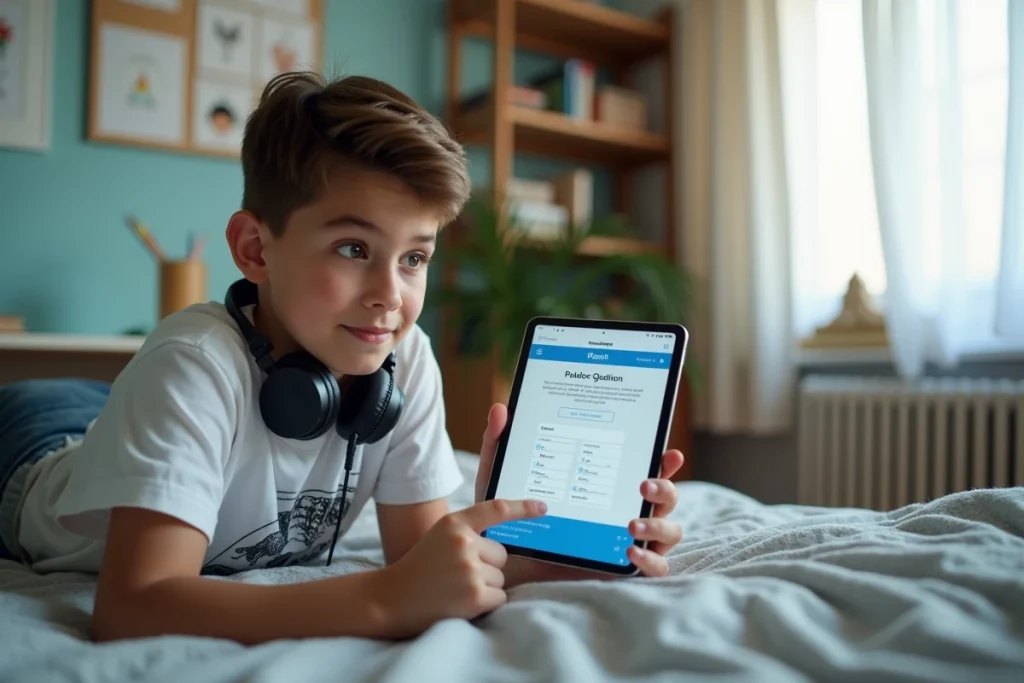 Adolescent consultant les options et prix de l'abonnement Duolingo Max sur une tablette dans sa chambre