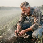Agriculteur expérimenté examinant la qualité du sol d'un terrain agricole, symbole d'un investissement foncier réfléchi