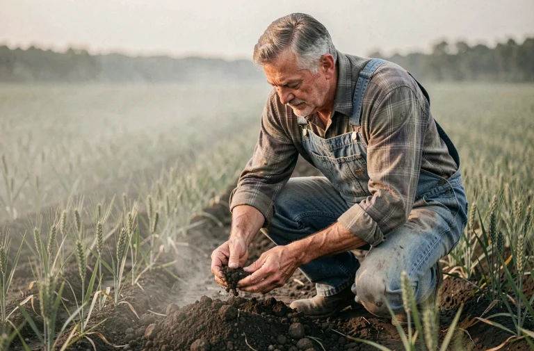 Agriculteur expérimenté examinant la qualité du sol d'un terrain agricole, symbole d'un investissement foncier réfléchi