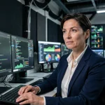 Analyste en cybersécurité femme travaillant sur des tableaux de bord de surveillance réseau dans un centre opérationnel