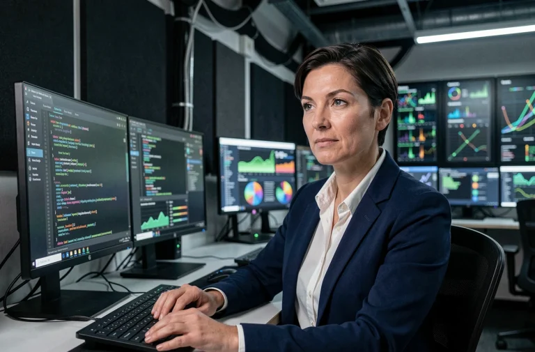 Analyste en cybersécurité femme travaillant sur des tableaux de bord de surveillance réseau dans un centre opérationnel