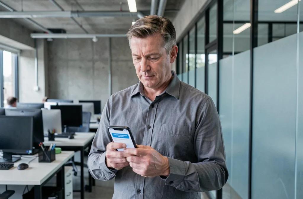 Homme vérifiant une notification d'authentification à deux facteurs sur son smartphone dans un espace de coworking