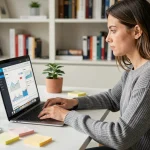 Blogueuse professionnelle analysant ses statistiques de monétisation sur un ordinateur portable dans un bureau minimaliste à domicile