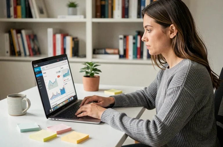 Blogueuse professionnelle analysant ses statistiques de monétisation sur un ordinateur portable dans un bureau minimaliste à domicile