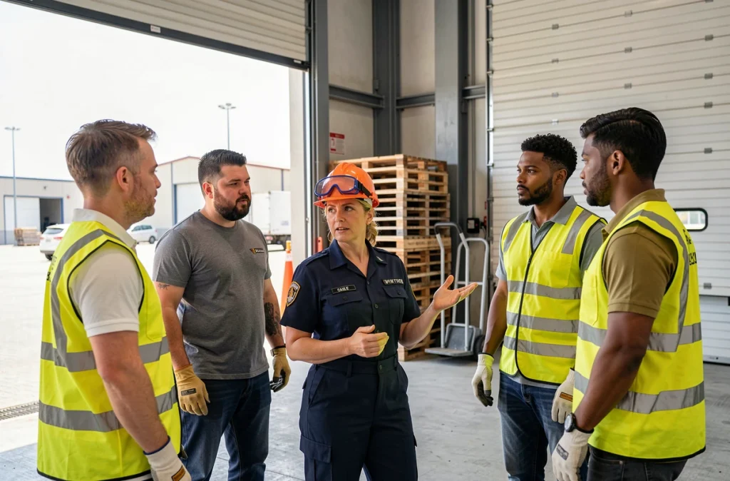 Responsable sécurité animant une réunion de briefing avec les employés d'un entrepôt logistique