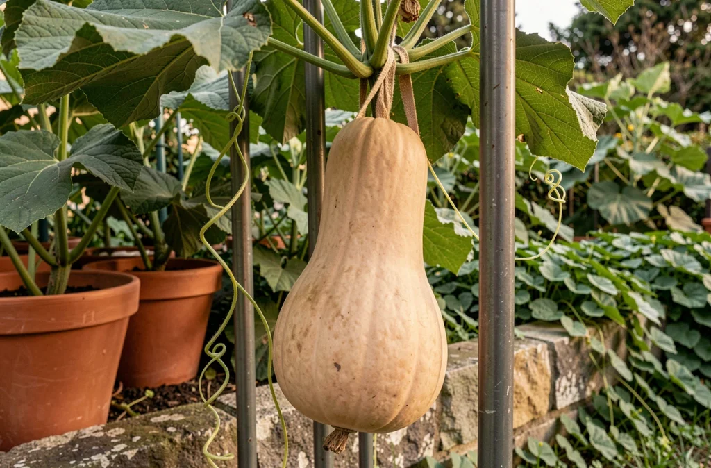 Courge butternut suspendue dans un filet de soutien attaché à une arche de jardin pour la culture verticale