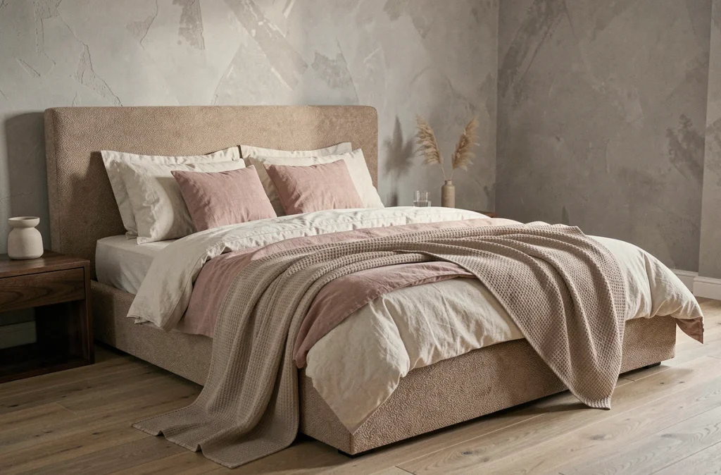 Chambre moderne épurée avec tête de lit en bouclé, literie en coton biologique et table de chevet en noyer dans une atmosphère cocon apaisante