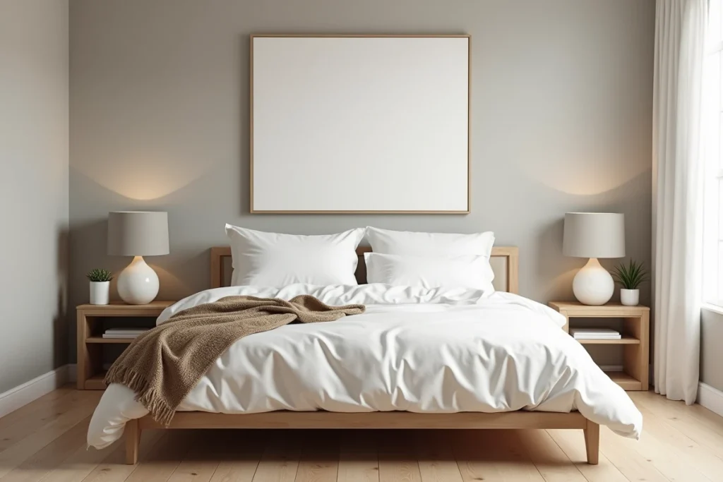 Chambre moderne minimaliste avec un lit plateforme en lin blanc, une couverture en tricot et des tables de nuit en chêne décorées de plantes succulentes