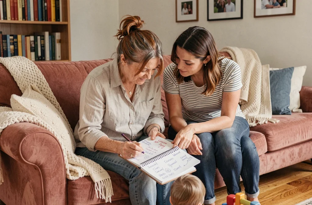 Grand-mère et sa fille adulte choisissant ensemble un surnom affectueux dans un carnet, ambiance salon familial chaleureux