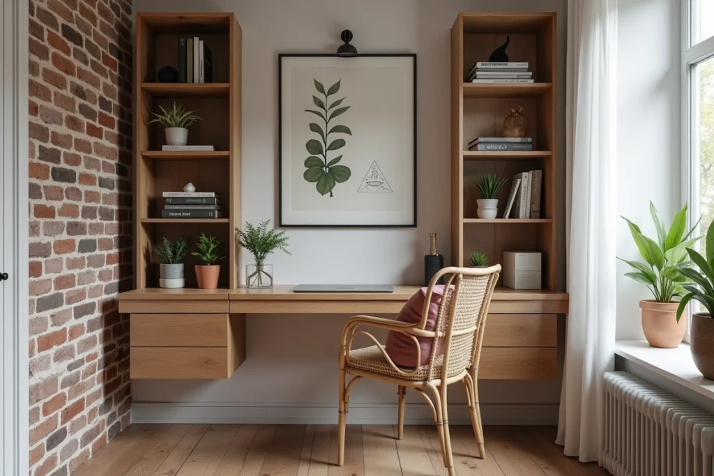 Coin bureau à domicile aménagé dans une alcôve avec un bureau en chêne, une chaise en rotin et des étagères décorées de plantes et livres