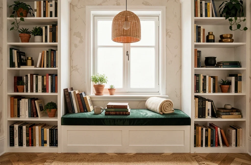 Coin lecture cosy aménagé dans une alcôve avec banquette en velours vert, bibliothèques intégrées et objets décoratifs en laiton pour un intérieur cocon moderne