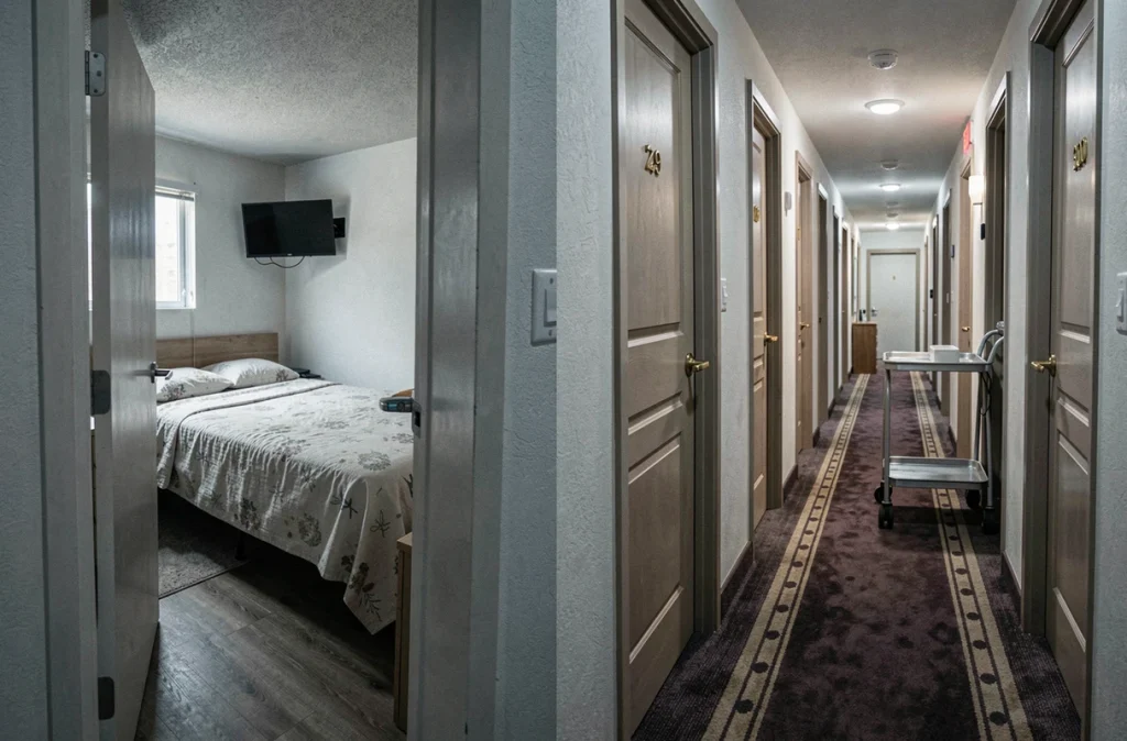 Comparaison visuelle entre une chambre de motel basique et un couloir d'hôtel confortable illustrant les différences de services