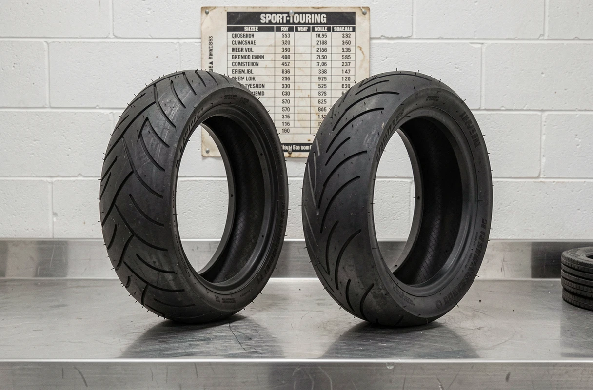 Deux pneus moto custom aux profils différents côte à côte sur un établi dans un atelier pneus professionnel
