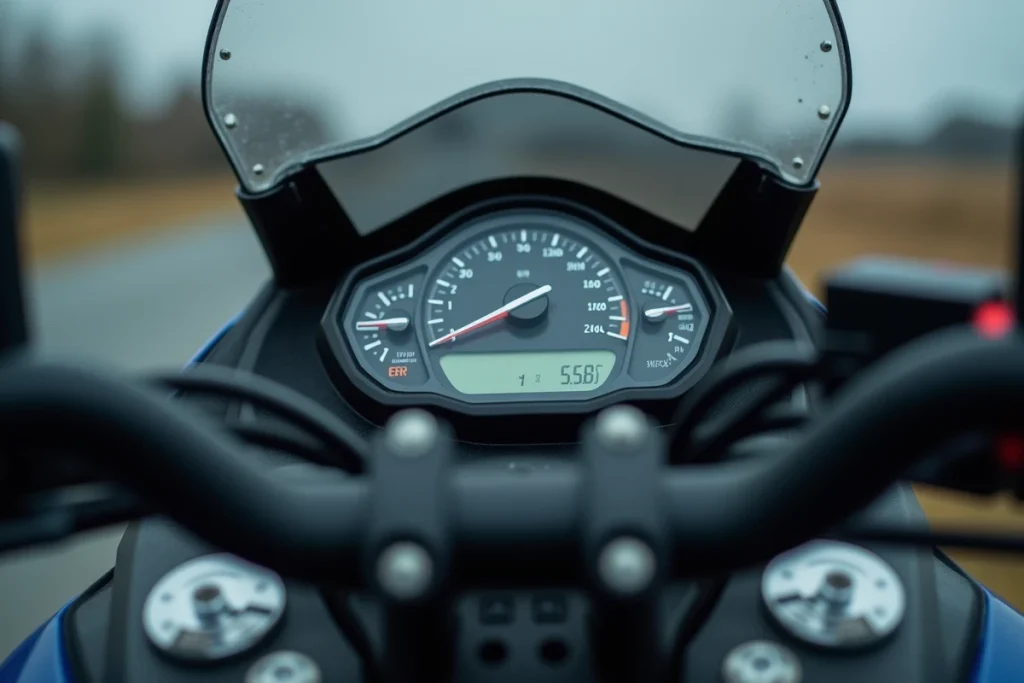 Gros plan sur le compteur de vitesse du Yamaha Xmax 125 affichant la vitesse maximale après 10 000 km de rodage