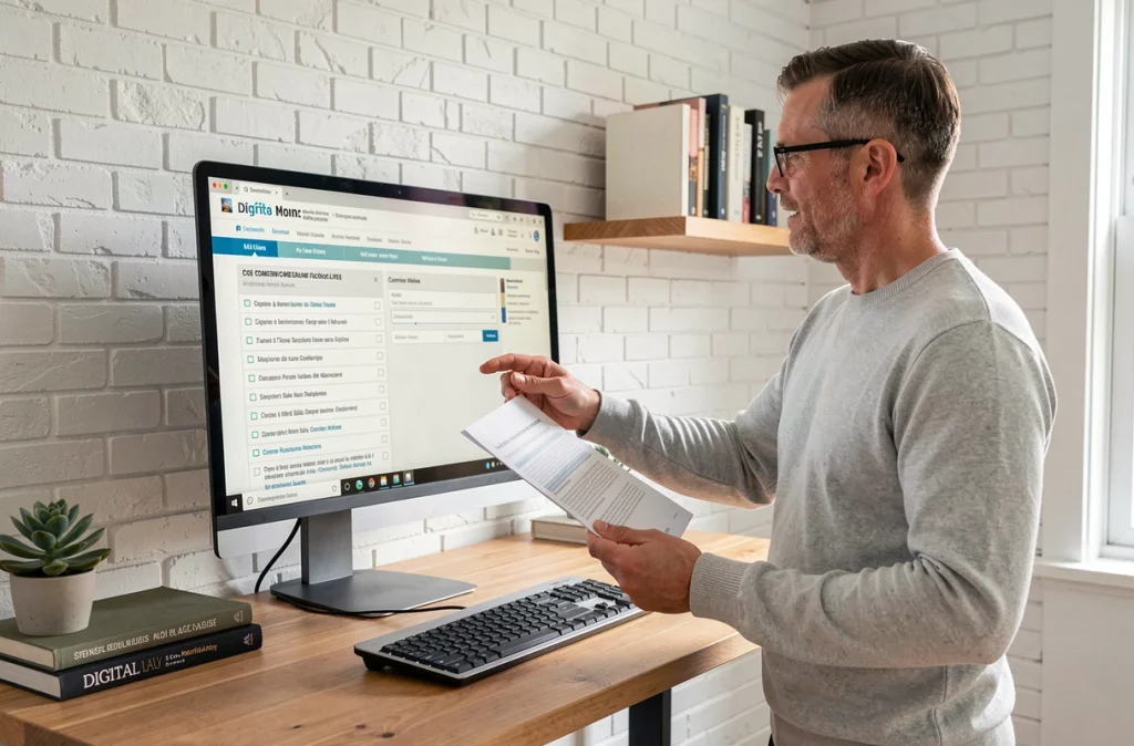 Homme consultant une checklist de conformité légale pour boutique de mode en ligne depuis un bureau à domicile