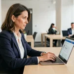 Femme professionnelle se connectant à son espace client bancaire BNP Paribas sur un ordinateur portable au bureau