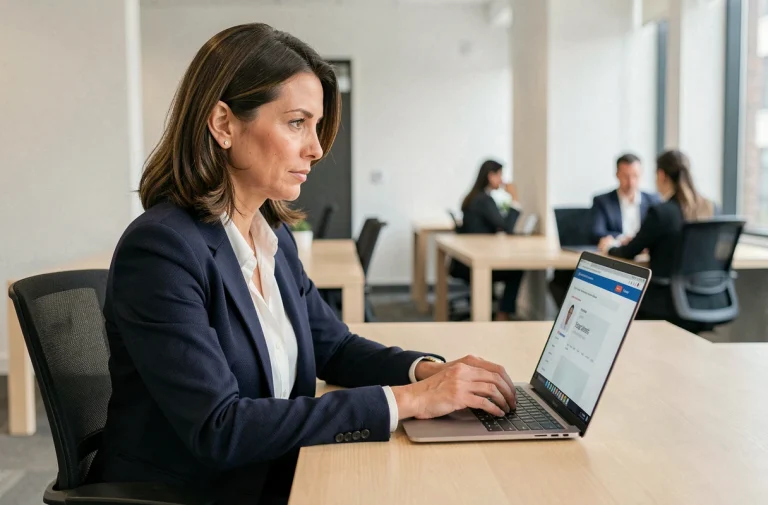 Femme professionnelle se connectant à son espace client bancaire BNP Paribas sur un ordinateur portable au bureau