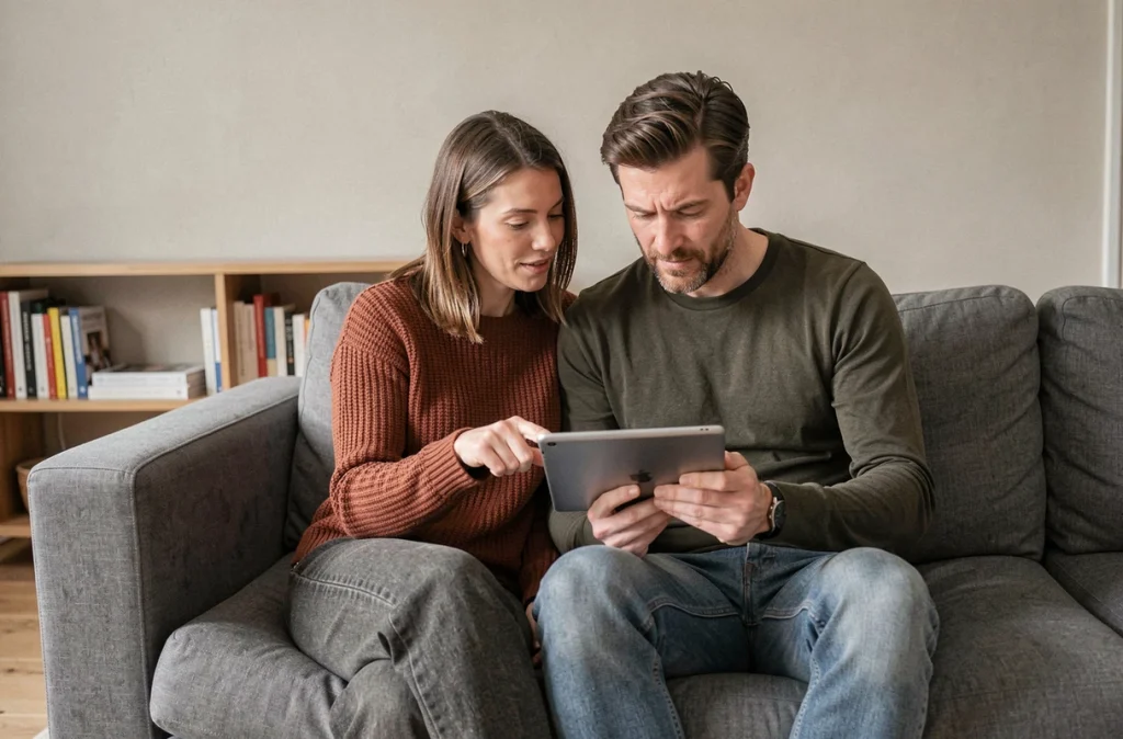Couple consultant ensemble les avis sur la mutuelle GSMC sur une tablette numérique dans leur salon, évaluant les options de santé
