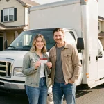 Couple souriant tenant une carte de fidélité Conforama devant un camion de déménagement gratuit garé devant leur maison