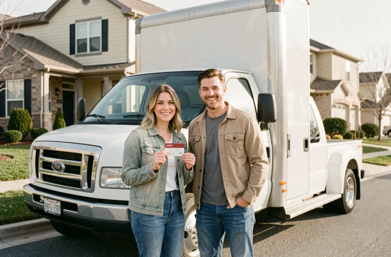 Couple souriant tenant une carte de fidélité Conforama devant un camion de déménagement gratuit garé devant leur maison