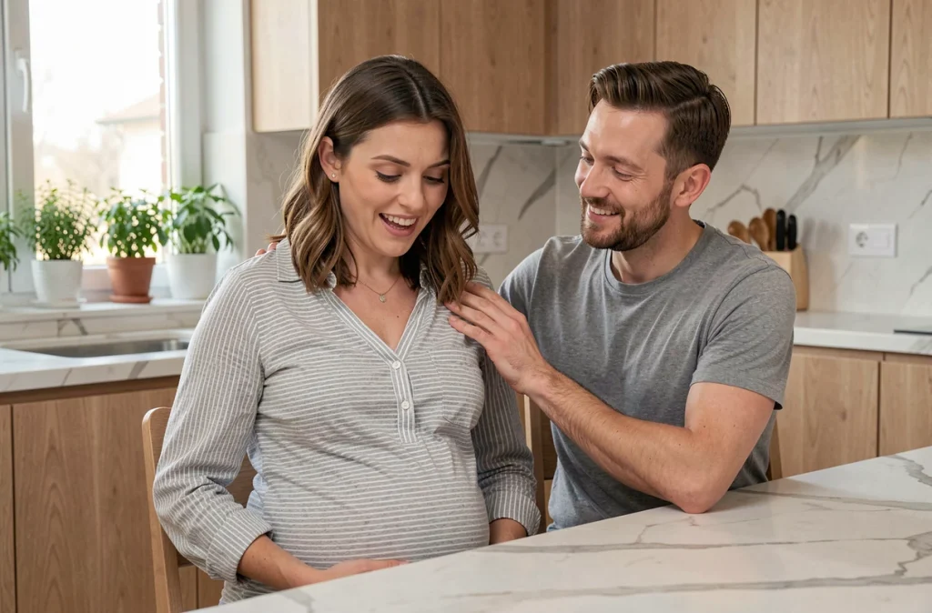 Femme enceinte et son partenaire dans une cuisine, elle pose les mains sur son ventre avec un sourire surpris, son partenaire la réconforte, illustrant le sursaut du bébé durant la grossesse