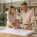 Un couple consulte les plans architecturaux de leur future maison de rêve dans un espace de travail moderne et chaleureux