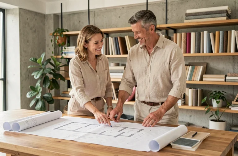 Un couple consulte les plans architecturaux de leur future maison de rêve dans un espace de travail moderne et chaleureux