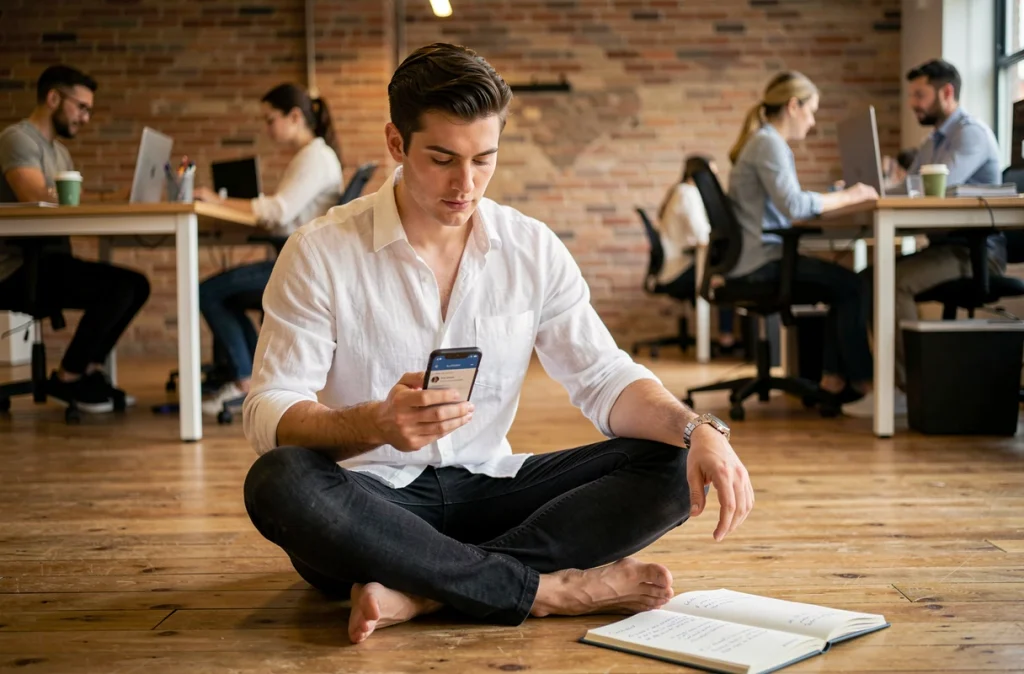 Créateur de contenu masculin planifiant une stratégie de monétisation de blog avec smartphone et carnet dans un espace de coworking