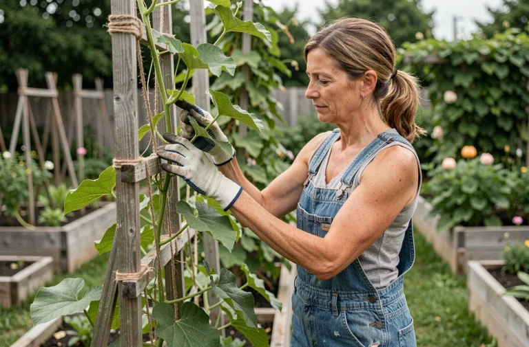 Femme jardinière guidant une tige de courge butternut le long d'un treillis vertical en bois dans un jardin potager
