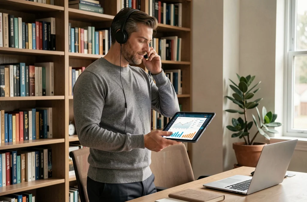 Entrepreneur travaillant depuis son bureau à domicile sur des services numériques innovants pour développer son activité professionnelle