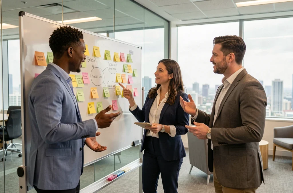 Équipe de professionnels en séance de brainstorming stratégique dans une salle de réunion moderne pour booster leur activité