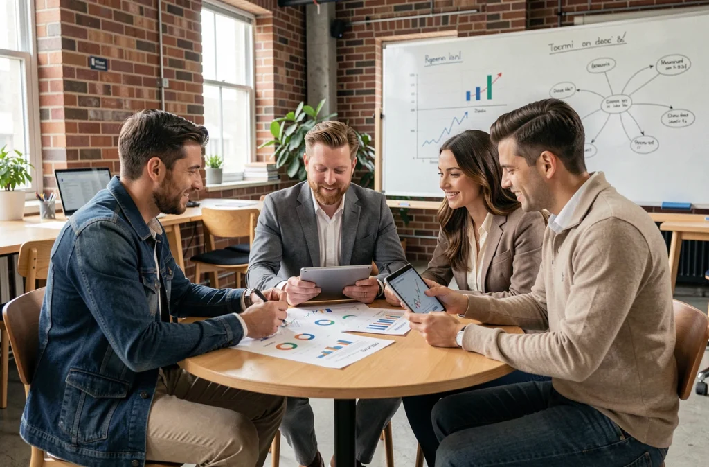 Équipe de professionnels discutant des dernières tendances business autour d'une table en espace de coworking
