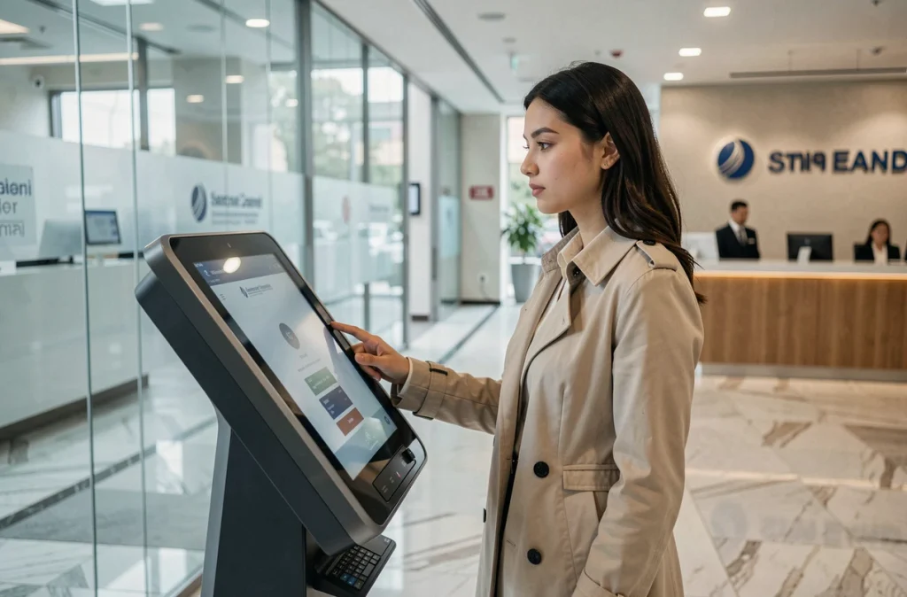 Jeune femme accédant à son espace client BNP Paribas sur une borne numérique en agence bancaire