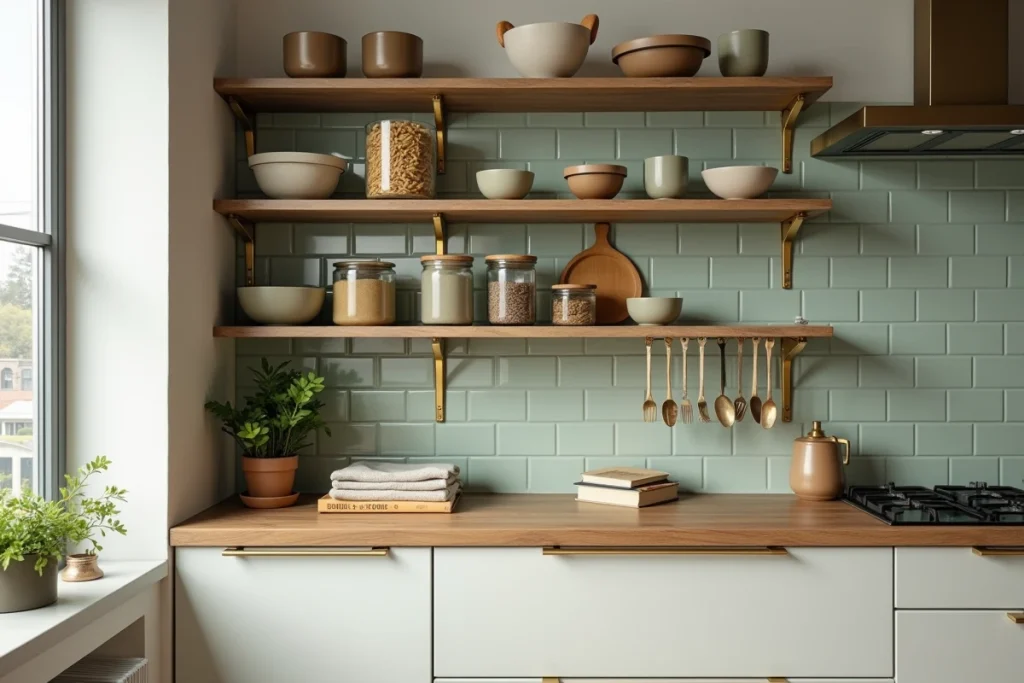 Étagères ouvertes de cuisine décorées avec des bols en grès, bocaux en verre, serviettes en lin et plantes aromatiques sur fond de carrelage vert sauge