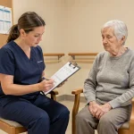Physiothérapeute gériatrique évaluant une patiente âgée avec le formulaire de test de Tinetti sur une planche à pince en milieu hospitalier