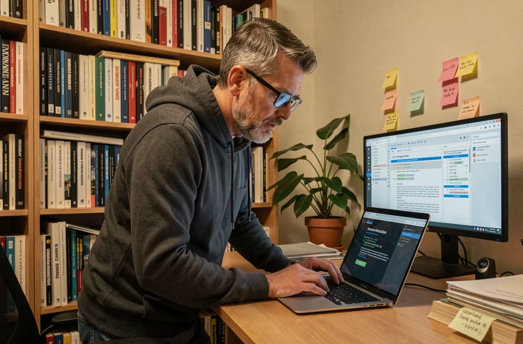 Expert en sécurité informatique analysant une alerte d'intrusion sur son ordinateur portable dans un bureau à domicile