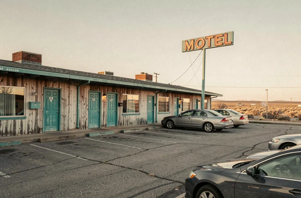 Façade extérieure d'un motel américain classique en bord de route avec enseigne néon et parking attenant