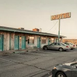 Façade extérieure d'un motel américain classique en bord de route avec enseigne néon et parking attenant