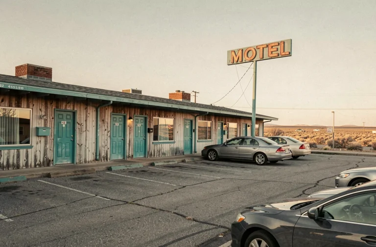 Façade extérieure d'un motel américain classique en bord de route avec enseigne néon et parking attenant