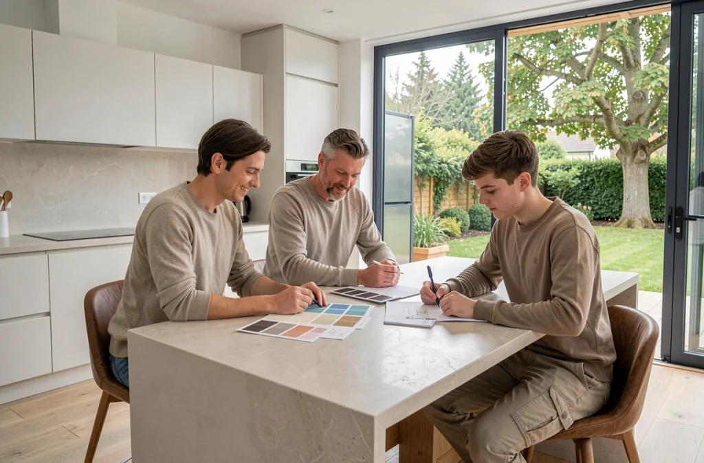 Une famille réunie autour d'un îlot de cuisine choisit les matériaux et les couleurs pour décorer leur nouvelle maison
