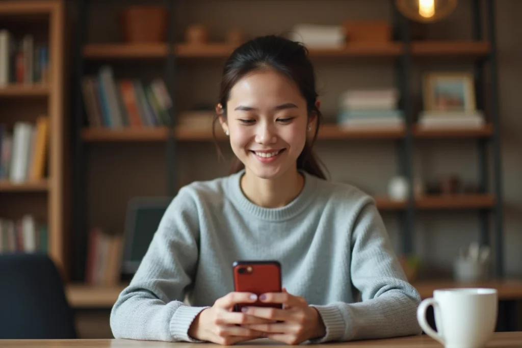 Jeune femme utilisant l'application Duolingo sur son smartphone à son bureau à domicile pour apprendre une langue étrangère